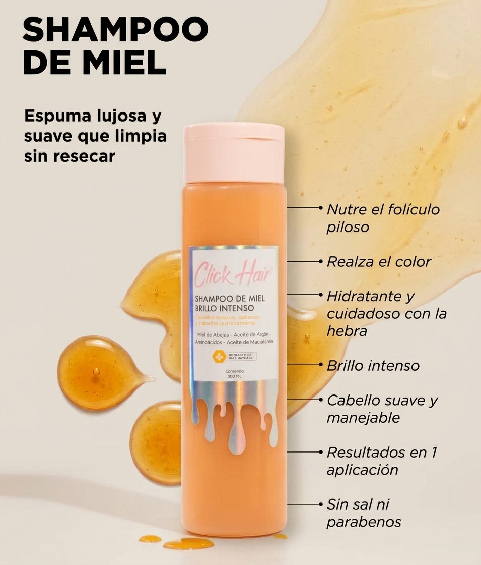 Shampoo de Miel Brillo Intenso – Click Hair (300 ml)